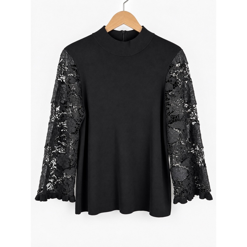 Chico's Crochet Faux Leather Lace Sleeve Sweater Black Mock Neck Size 2 Large